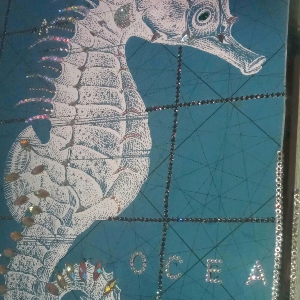 Hand embellished seahorse picture in frame